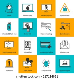 Hacker Infected Laptop Computer And Flash Drive Flat Line Icons Set Isolated Vector Illustration