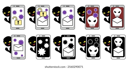 Hacker and infected smartphone image set