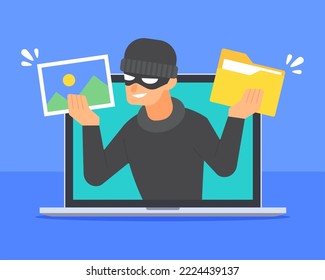 Hacker inside laptop holding image file and document folder icon. Concept of computer security, data breach, cybercrime, ransomware, or hacking. Cartoon flat vector. Technology threat illustration.