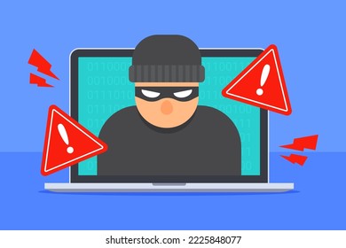 Hacker inside laptop. System security warning alert. Concept of cybercrime, cyber threat, phishing attack, data breach, or computer hacking. Flat cartoon icon design. Technology vector illustration.