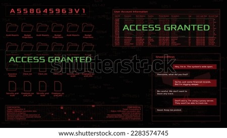 Hacker interface screen. Access granted alert. Hacker chat and password cracking. Vector HUD. 