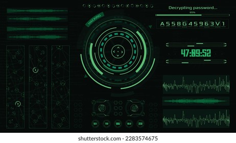 Pantalla de interfaz Hacker. Hackeando la interfaz de usuario de alta tecnología con temporizador. Hackeo de contraseña de vector HUD. 