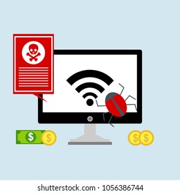 Hacker internet computer security technology flat concept. Hacker activity computer.Alert notification on laptop computer vector, malware concept, spam data, fraud internet error, insecure connection,