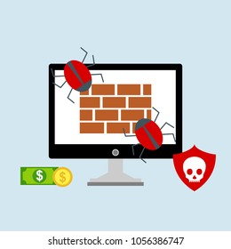 Hacker internet computer security technology flat concept. Hacker activity computer.Alert notification on laptop computer vector, malware concept, spam data, fraud internet error, insecure connection,