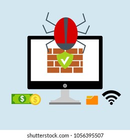 Hacker internet computer security technology flat concept. Hacker activity computer.Alert notification on laptop computer vector, malware concept, spam data, fraud internet error, insecure connection,