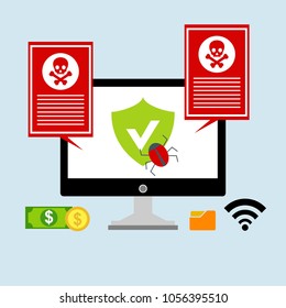 Hacker internet computer security technology flat concept. Hacker activity computer.Alert notification on laptop computer vector, malware concept, spam data, fraud internet error, insecure connection,