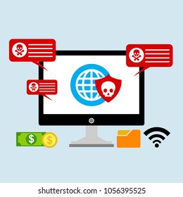 Hacker internet computer security technology flat concept. Hacker activity computer.Alert notification on laptop computer vector, malware concept, spam data, fraud internet error, insecure connection,