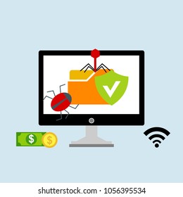 Hacker internet computer security technology flat concept. Hacker activity computer.Alert notification on laptop computer vector, malware concept, spam data, fraud internet error, insecure connection,