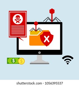 Hacker internet computer security technology flat concept. Hacker activity computer.Alert notification on laptop computer vector, malware concept, spam data, fraud internet error, insecure connection,