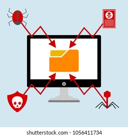 Hacker internet computer security technology flat concept. Hacker activity computer.Alert notification on laptop computer vector, malware concept, spam data, fraud internet error, insecure connection