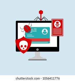 Hacker internet computer security technology flat concept. Hacker activity computer.Alert notification on laptop computer vector, malware concept, spam data, fraud internet error, insecure connection