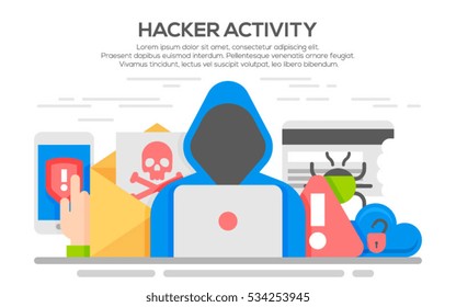 Hacker internet computer security technology flat concept. Hacker activity computer and e-mail spam viruses bank account hacking.Hacker activity computer and e-mail spam viruses bank account hacking.