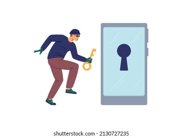El hacker o el estafador de internet hackeando el sistema de seguridad personal y robando datos privados. Fraude informático y concepto de ciberdelito, ilustración vectorial plana.
