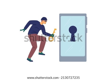 Hacker or internet scammer hacking personal security system and stealing private data. Computer fraud and cybercrime concept, flat vector illustration.