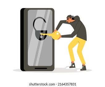 Hacker intruder hacking phone security system, flat vector illustration isolated on white background. Cyber fraud and internet crime, spy access concept.