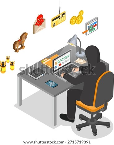 Hacker Isometric Concept Hacker sitting table and hacking data through Internet on laptop. Internet Security isometric Concept with Flat Icons Hacker, Virus and Spam.