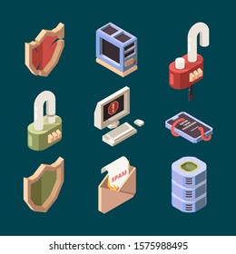 Hacker isometric. Cyber security email spam computer viruses online ddos attack bugs protection information lan theif vector pictures