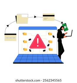 Hacker With Laptop And Alert Icon On Screen In Flat Vector Illustration Symbolizing Cybersecurity Threats And Data Breaches, Isolated On White Background