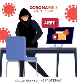 hacker and laptop with alert sign during covid 19 pandemic vector illustration design