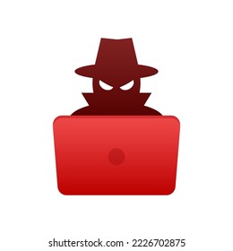 Hacker with laptop. Hacker attack. Phishing and fraud. Vector stock illustration.