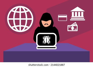 hacker with laptop and banking security, personal data theft in the Internet, spam viruses and bank accounts hacking.