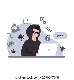 Hacker with laptop breaks password. Data protection and confidential information. Internet security. Fraud and online crime. Сomputer virus.