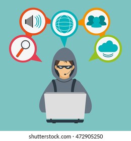 hacker laptop cloud lupe global cyber security system technology icon. Colorful and flat design. Vector illustration