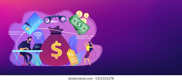 Hacker at laptop commiting financial fraud and stealing huge bag with money. Financial crime, money laundering, black market goods concept. Header or footer banner template with copy space.