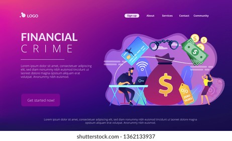 Hacker at laptop commiting financial fraud and stealing huge bag with money. Financial crime, money laundering, black market goods concept. Website vibrant violet landing web page template.