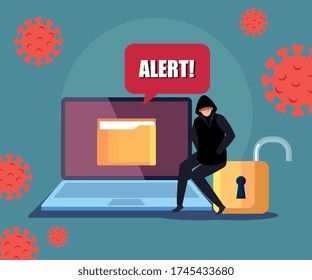 hacker and laptop computer with alert sign during covid 19 pandemic vector illustration design
