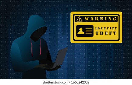 Hacker con portátil o ordenador y signos de advertencia de robo de identidad en el código binario azul Fondo. Ilustración vectorial de concepto de hacker informático o ciberataque.