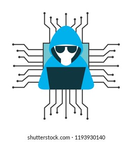 hacker with laptop computer isolated icon