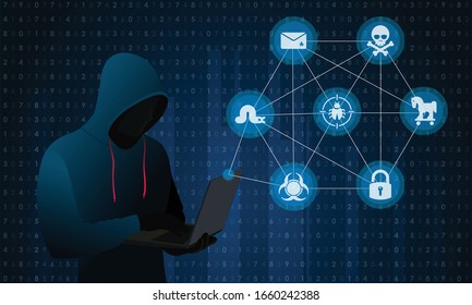 Hacker with Laptop or Computer and malware icons on Blue binary code Background. Computer hacker or Cyber attack concept vector illustration.