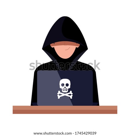 hacker with laptop computer on white background vector illustration design