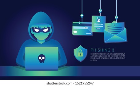 Hacker with laptop computer stealing confidential data, personal information, credit card. Internet phishing concept.