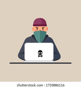 Hacker with laptop computer stealing confidential data, personal information, credit card. Internet phishing concept.