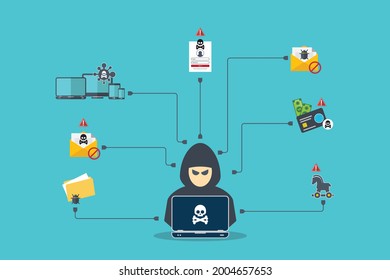 Hacker mit Laptop-Computer, der vertrauliche Daten, persönliche Daten und Kreditkartendetails stiehlt. Hacking-Konzept.	