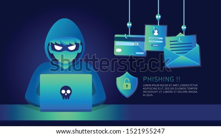 Hacker with laptop computer stealing confidential data, personal information, credit card. Internet phishing concept.
