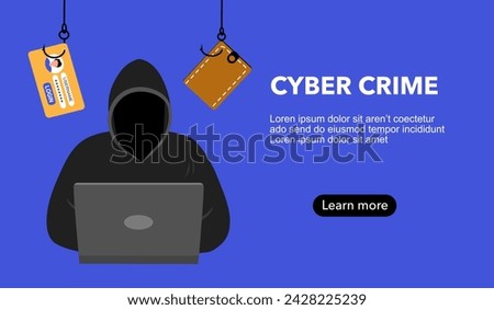 Hacker with laptop computer stealing confidential data, personal information and money. Hacking concept.