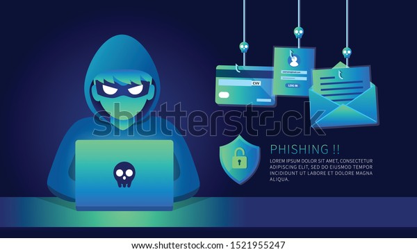 Hacker with laptop computer stealing\
confidential data, personal information, credit card. Internet\
phishing concept.