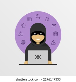 Hacker with laptop computer stealing data 