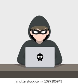 Hacker with laptop computer try to steal passwords and confidential data.