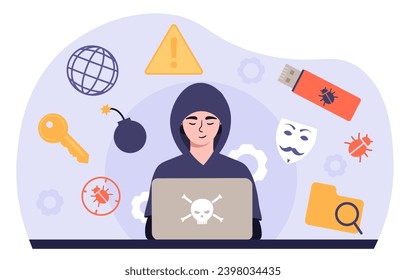 Hacker with laptop concept. Man in black hoodie try to got access for profile. Cybercrime and hacking of security systems on internet. Cartoon flat vector illustration isolated on white background