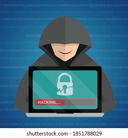 Hacker at laptop with destroyed padlock in laptop screen, Internet Security concept, Binary code background