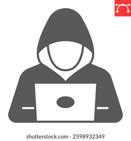 Hacker with laptop glyph icon, security and protection, hacker vector icon, vector graphics, editable stroke solid sign, eps 10.