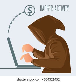 hacker with laptop, hacking the Internet, concept vector illustration, activity, computer security technology concept, e-mail spam viruses bank account hacking