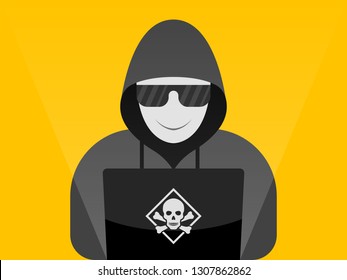 Hacker at laptop icon. Flat illustration of hacker at laptop vector icon for web design