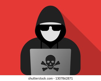 Hacker at laptop icon. Flat illustration of hacker at laptop vector icon for web design