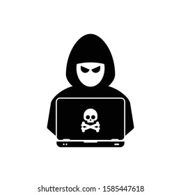 Hacker at laptop icon. Flat illustration of hacker at laptop vector icon for web design
