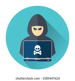 Hacker at laptop icon. Flat illustration of hacker at laptop vector icon for web design